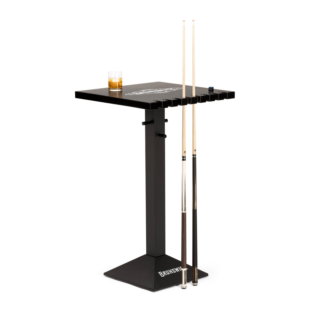 Black pub table with two cues on a white background