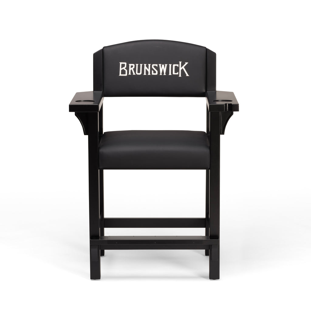 Black chair with 'Brunswick' logo on a white background