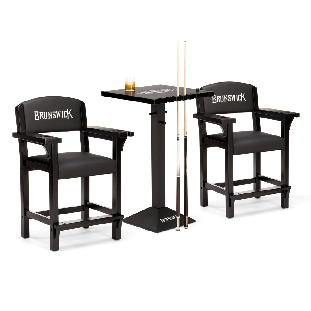 Black pub table set with chairs and cue sticks on a white background, featuring the Brunswick brand.