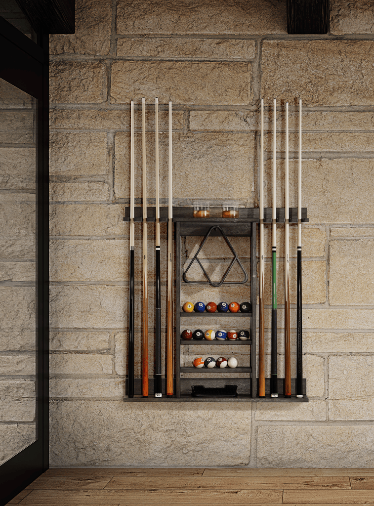 Charcoal finish cue rack with accessories in the room