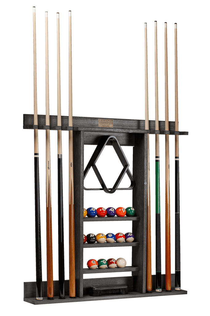 Black ash finish pool cue rack with accessories in it