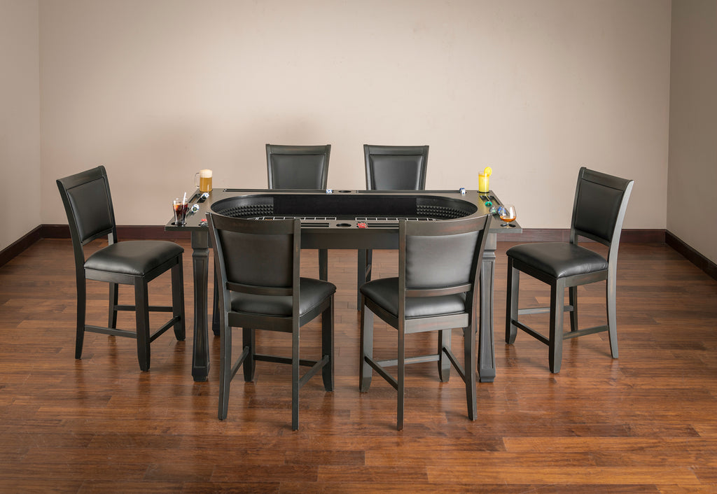 Poker table with table top off and 6 chairs in peppercorn finish in room with hardwood floor