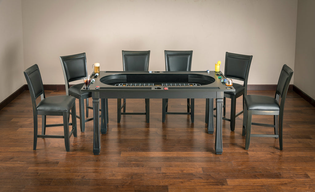 Poker table with table top off and 6 chairs in peppercorn finish craps table