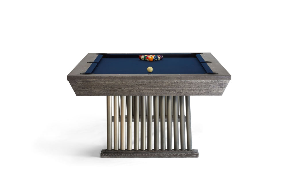 Brescia pool table in dark charcoal finish with champagne bronze pedestal base legs and blue cloth front view