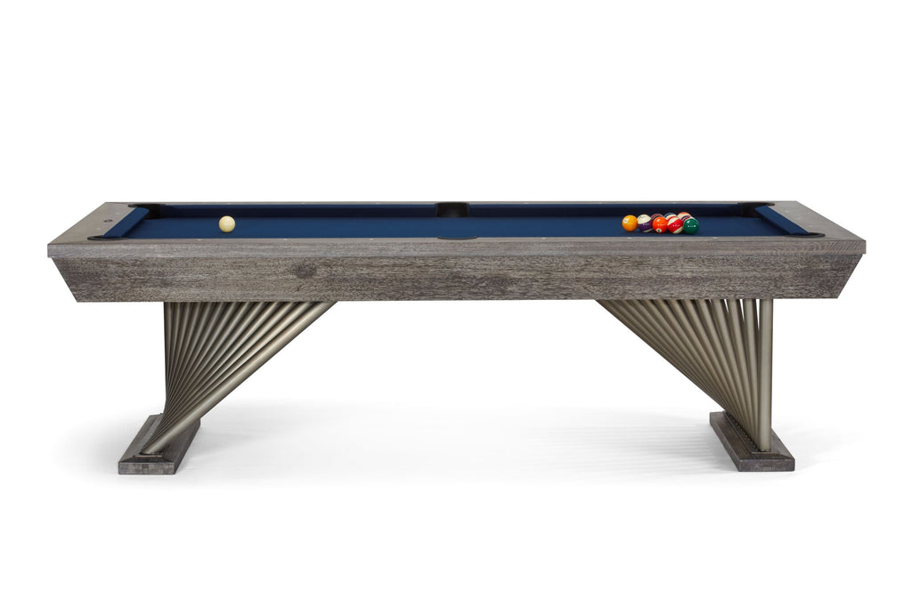 Brescia pool table in dark charcoal finish with champagne bronze pedestal base legs and blue cloth side view