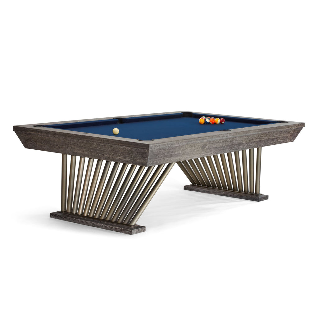Brescia pool table in dark charcoal finish with champagne bronze pedestal base legs and blue cloth