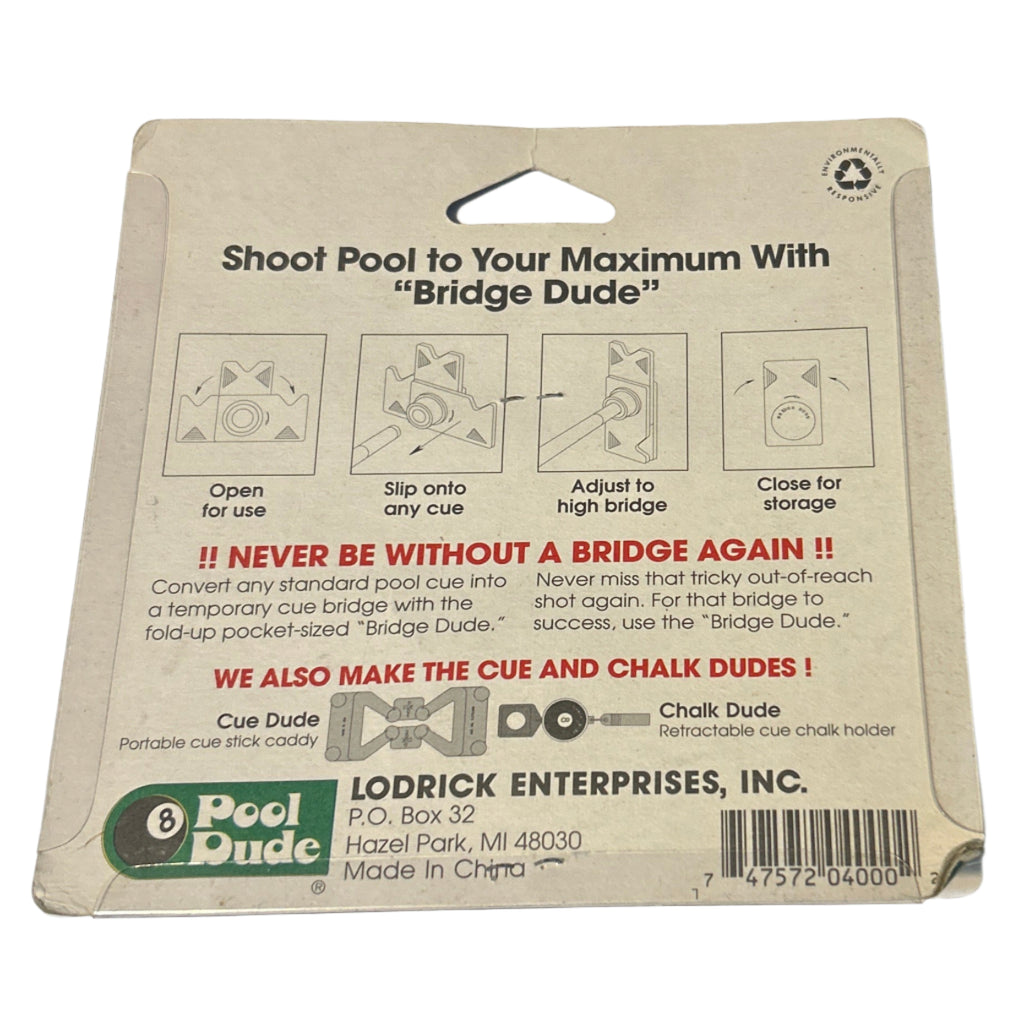 Backside of Portable fold up cue bridge in packaging