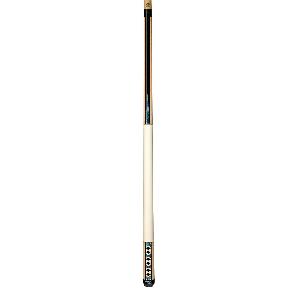 Overall view of butt end of pool cue with black, abalone points and white imitation bone handle