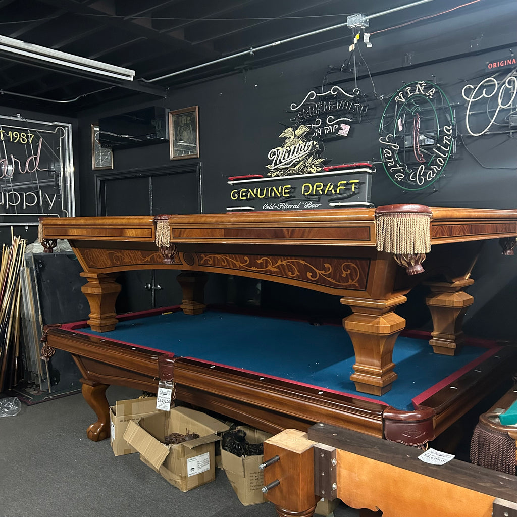 Brunswick ashbee pool table full view with fringe pocket and hand inlaid cabinet with walnut