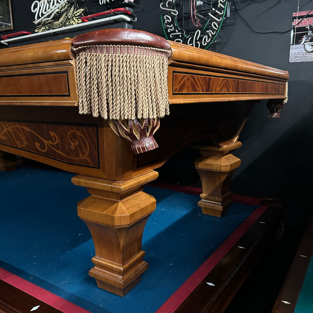 Corner view of pool table with fringe pocket and inlaid aprons