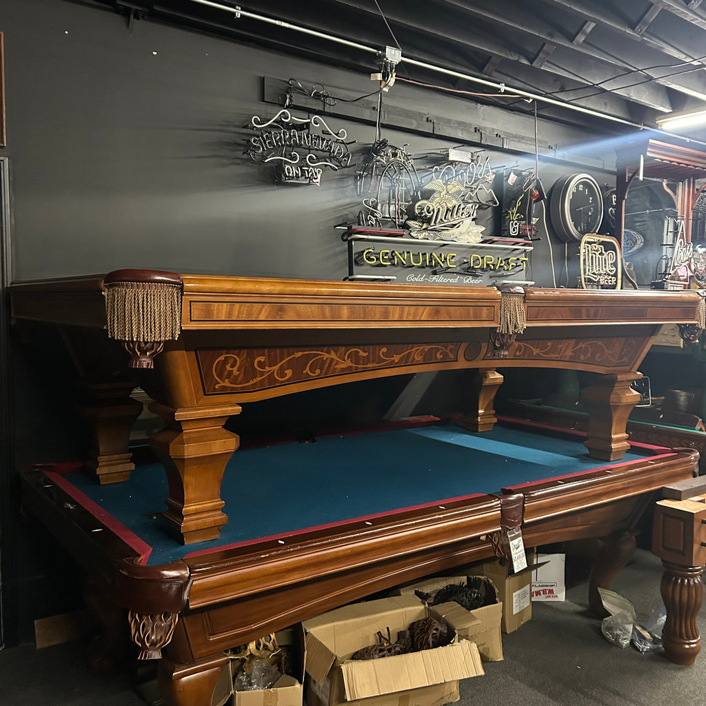 Brunswick ashbee pool table full view with fringe pocket and hand inlaid cabinet with walnut from left side