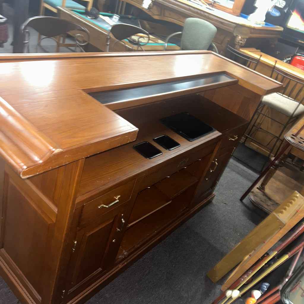 Overall back side of pecan bar showing shelves and hardware