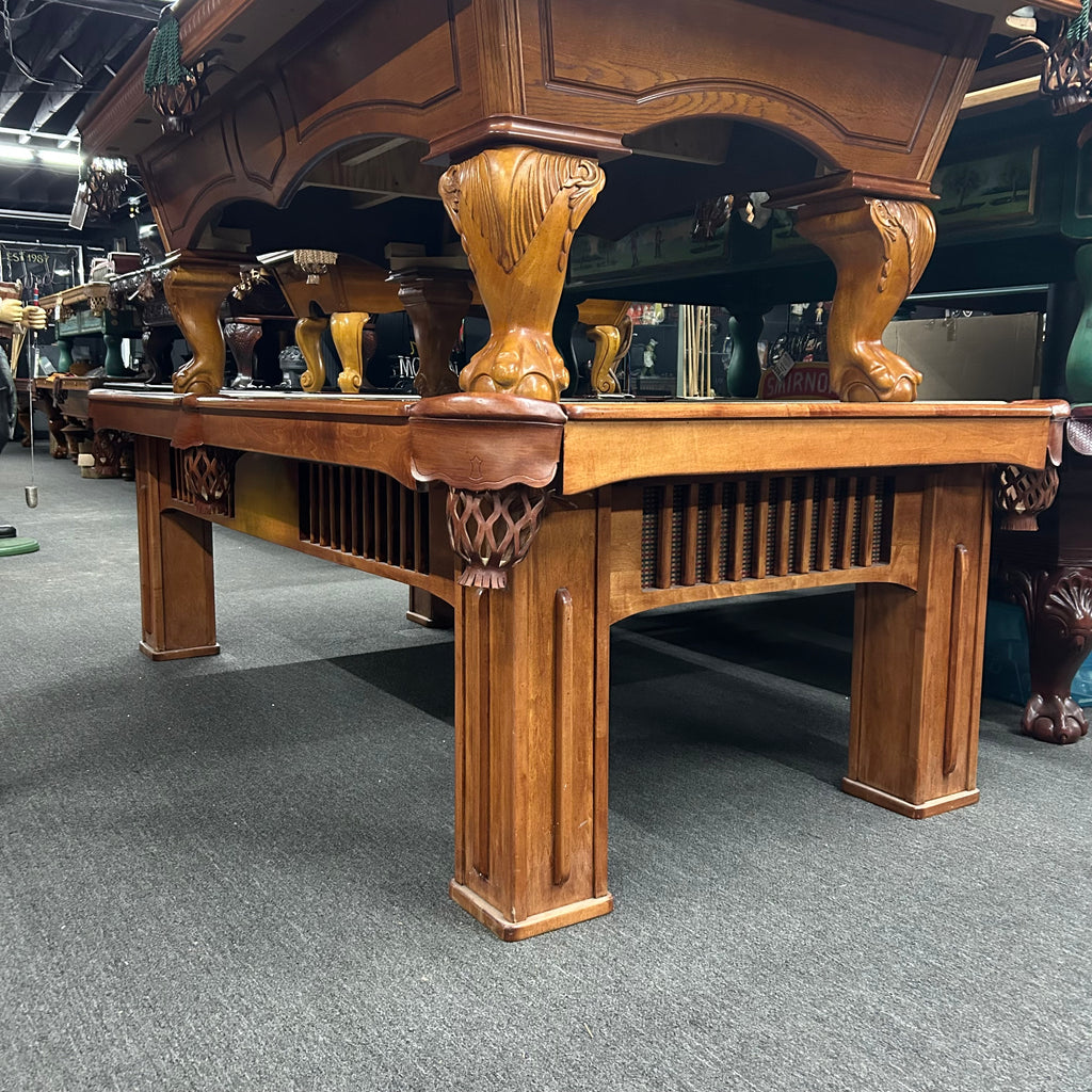 Beach pool table with square legs and peekaboo cabinet details