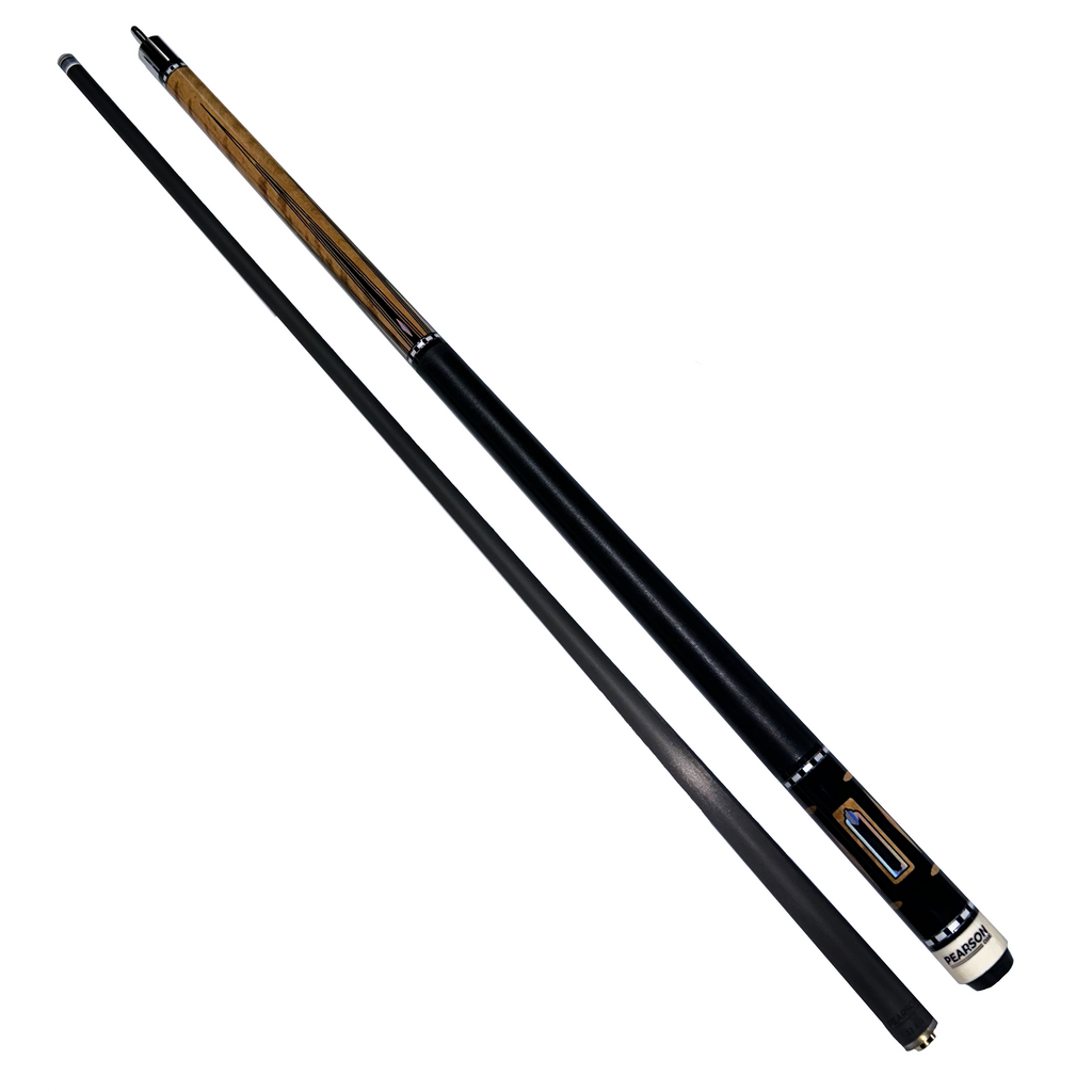 Pearson cue carbon fiber shaft with black wrap and dark walnut colored handle with metallic details apart