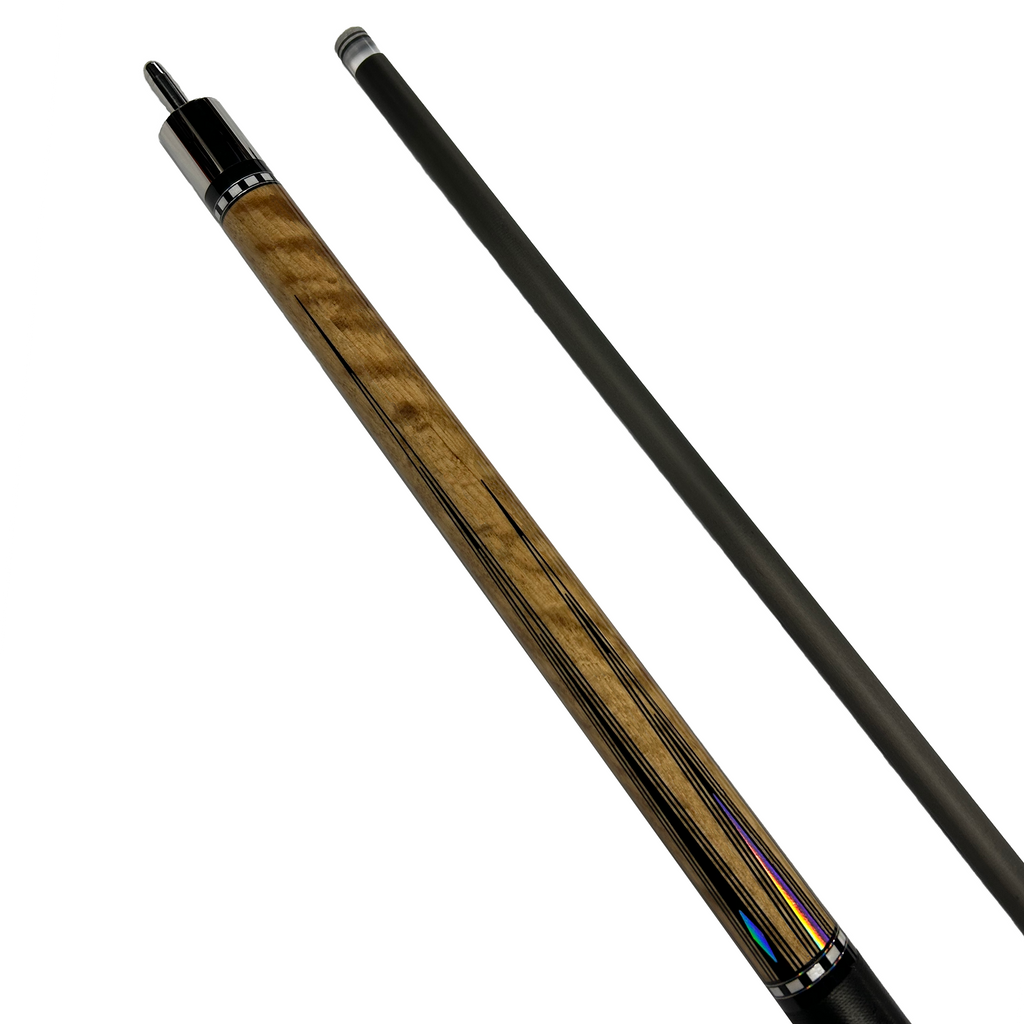 Top end of the Pearson cue carbon fiber shaft and dark walnut colored handle with metallic details