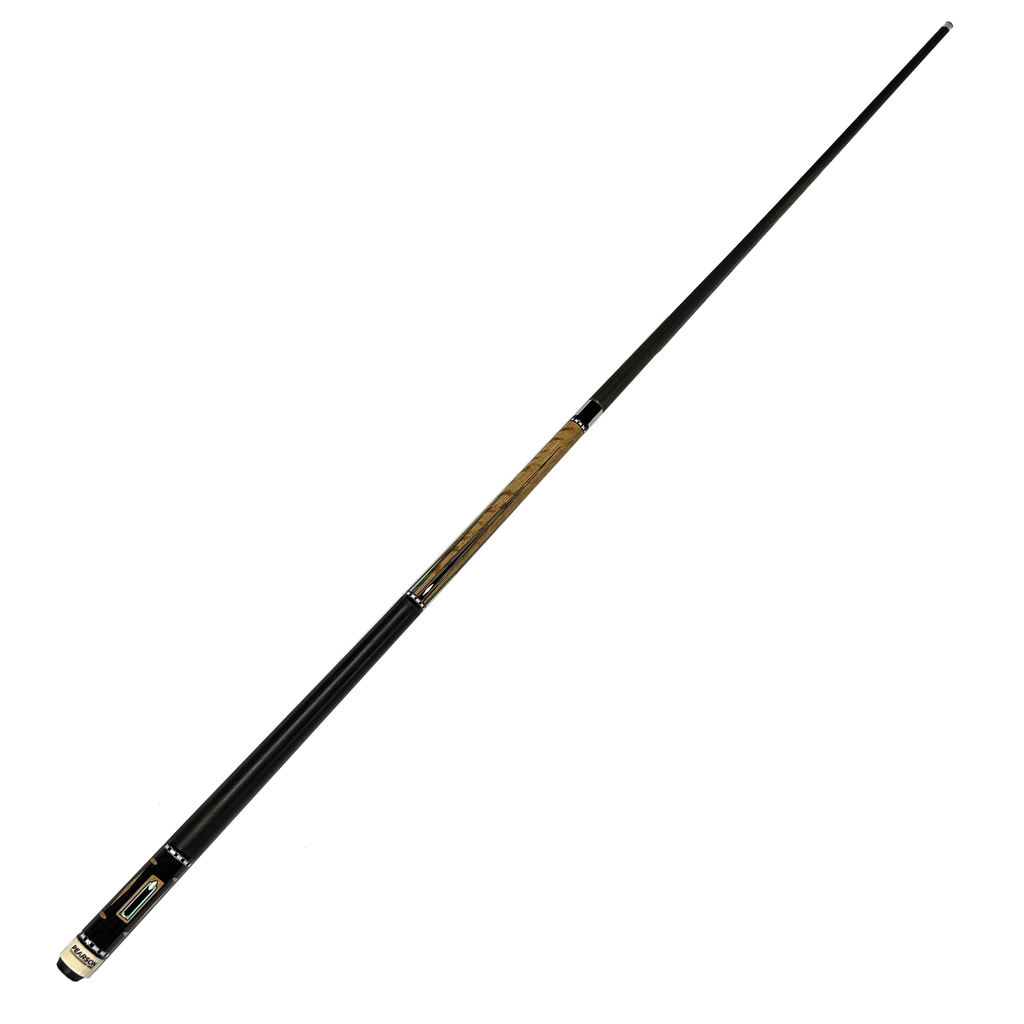 Pearson cue carbon fiber shaft with black wrap and dark walnut colored handle with metallic details and full length cue