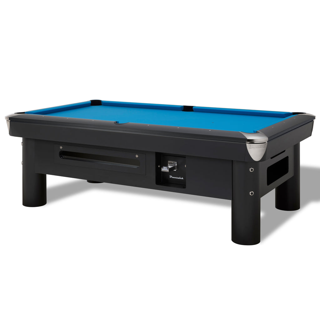 Side view of pool table with coin op mechanism and championship blue felt and black finish