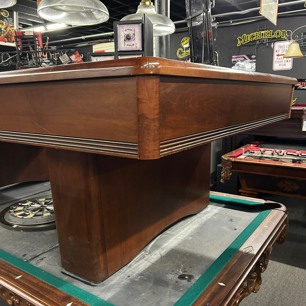 8ft olhausen pool table with mahogany finish and rounded modern corners view from right side close up