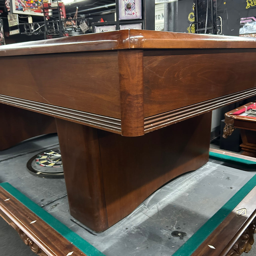 8ft olhausen pool table with mahogany finish and rounded modern corners close up corners