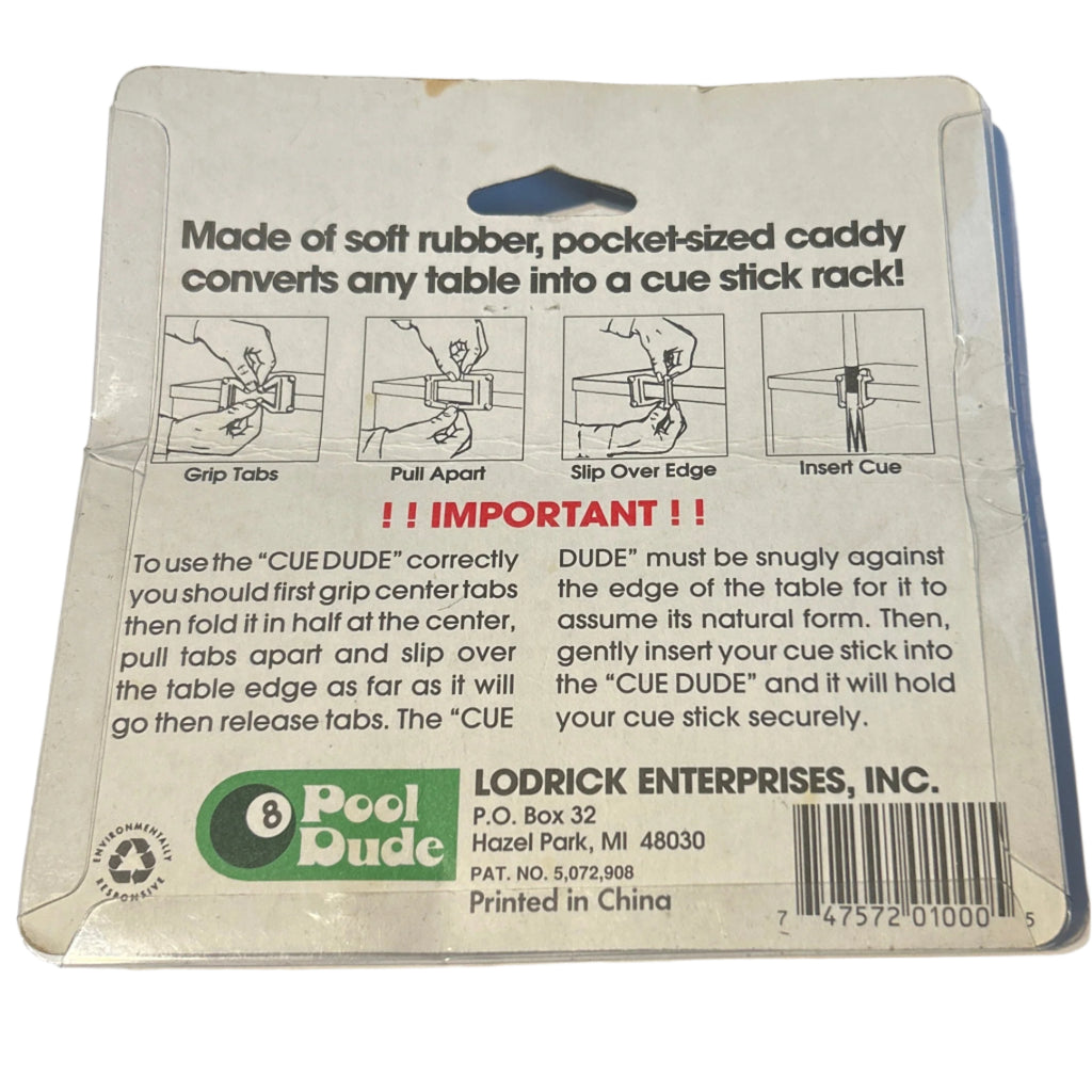 Backside of cue caddy directions in packaging