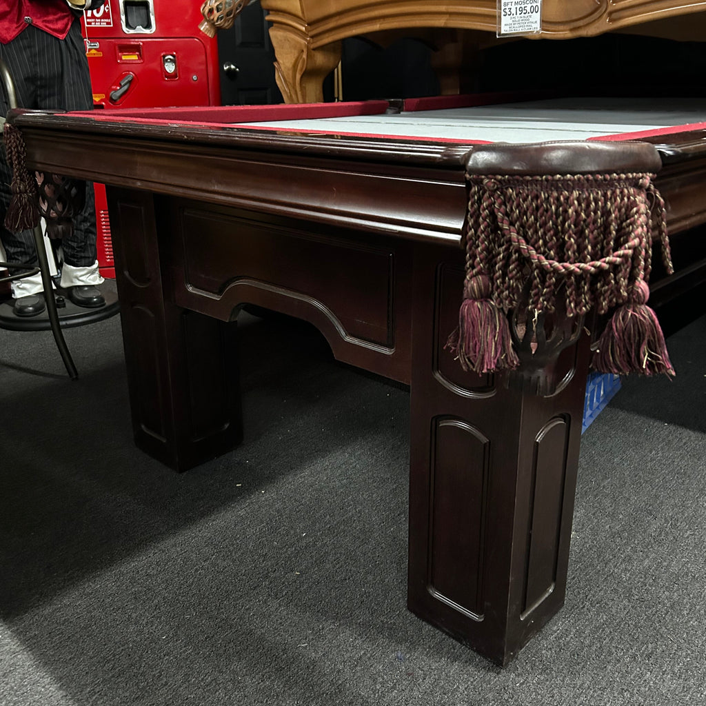 mahogany pool table with tassel fringe pocket and square leg