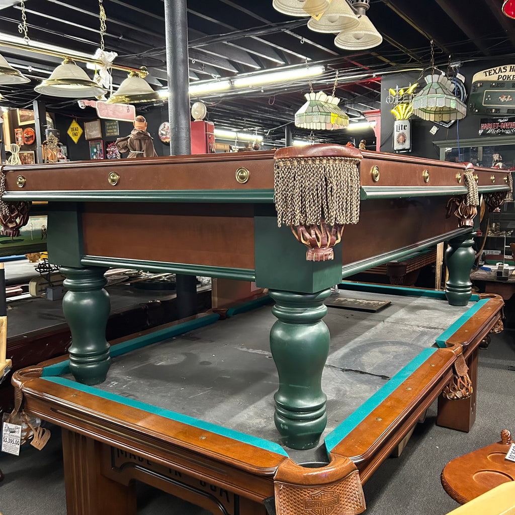 Overall view of 8ft Brunswick pool table with green and chestnut finish
