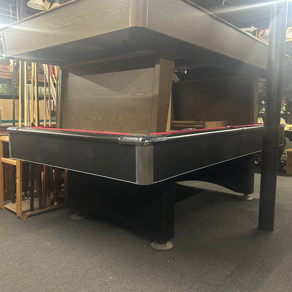 Overall view of pool table in black finish with chrome trimmings
