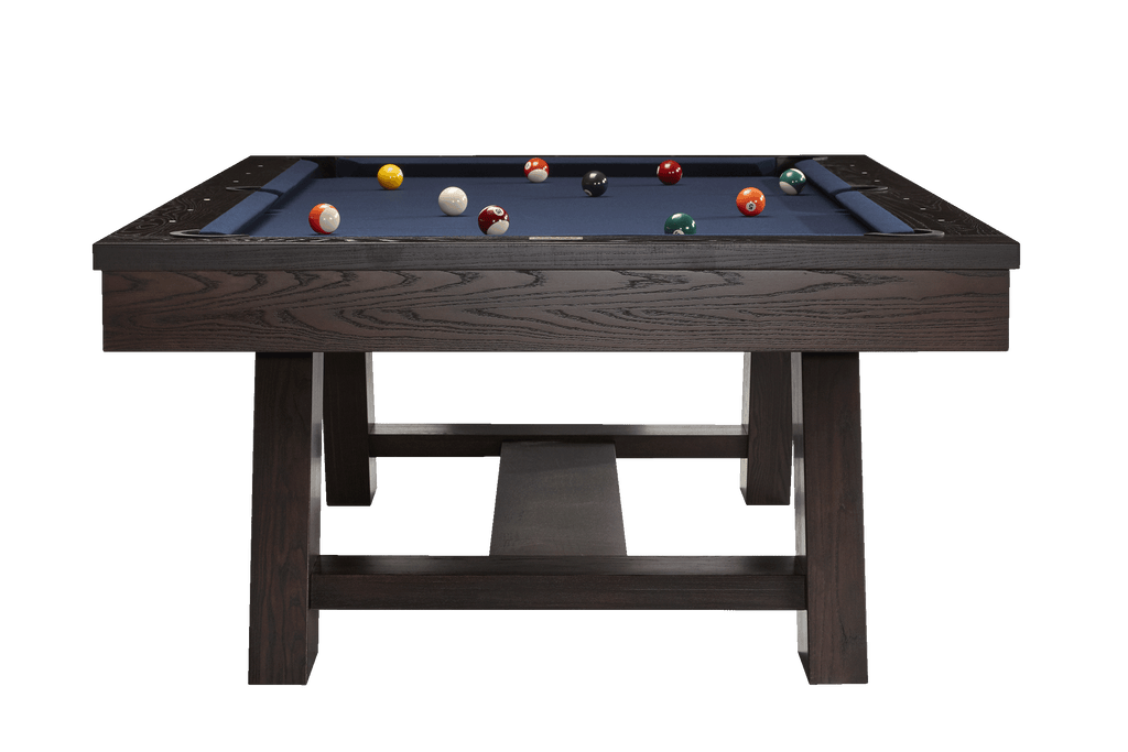 End view of pool table with balls on table and navy cloth