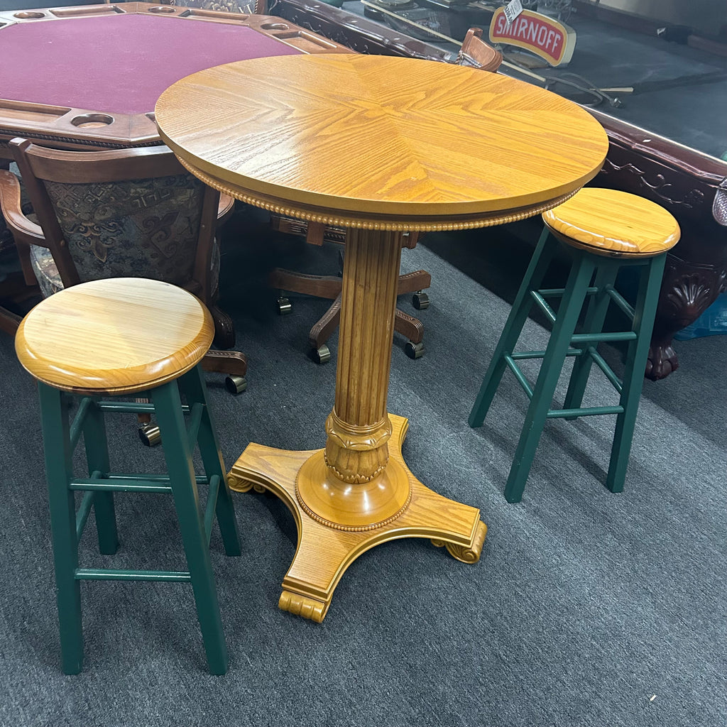 Oak pub table with two oak and green stools