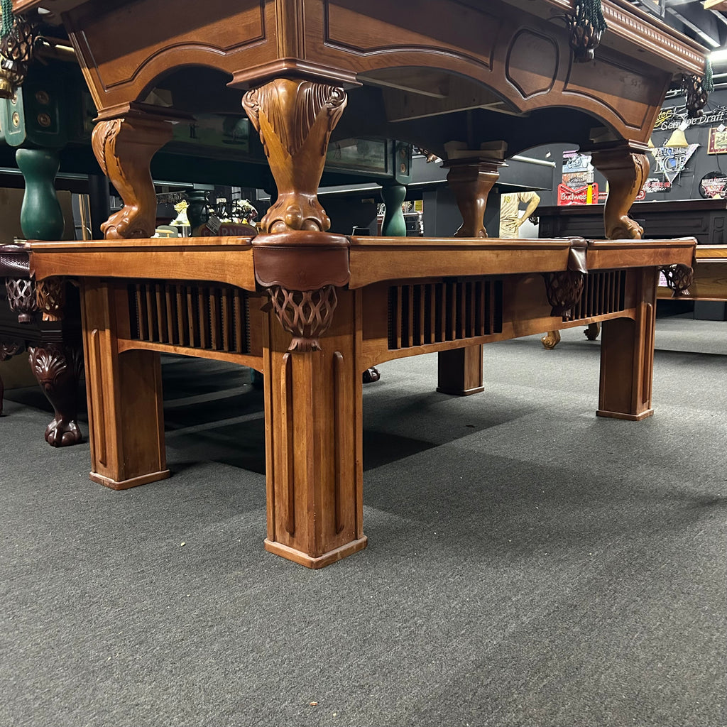 Overall from left side Beach pool table with square legs and peekaboo cabinet details