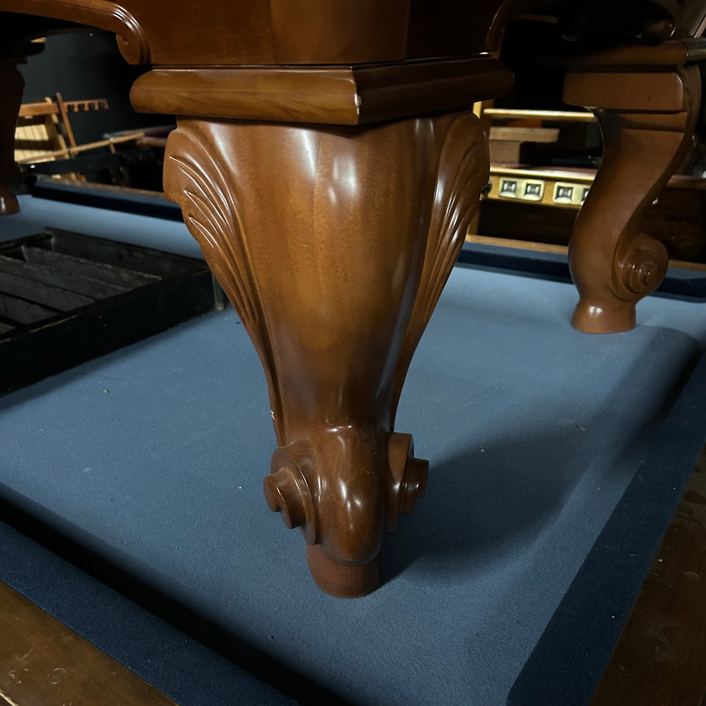 Rams horn leg on pool table in chestnut finish