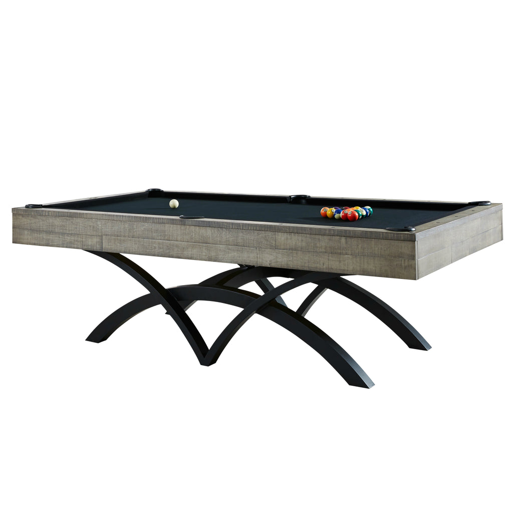 Pool table with green felt and black arched base