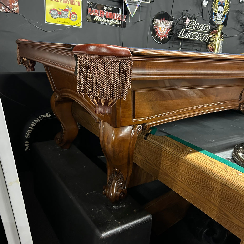 8ft pool table corner view with legs and fringe pocket