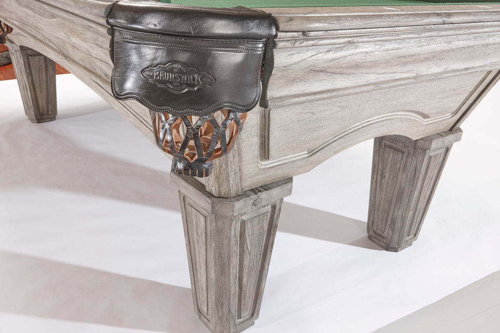 Pocket view of brunswick glenwood pool table with tapered leg showing in grey finish