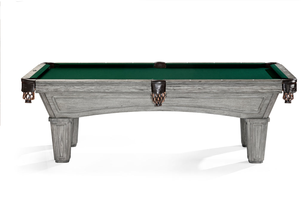 Side profile of brunswick glenwood pool table in rustic grey finish with green cloth