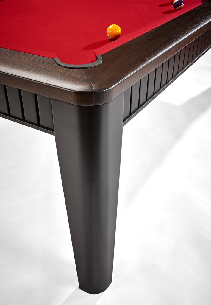 Leg of henderson pool table in black finish with walnut rail