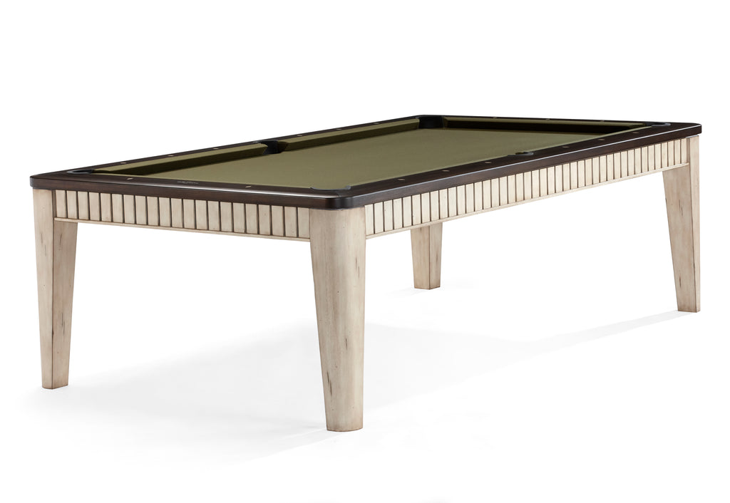 Henderson Brunswick Pool Table in aged linen white distressed finish on legs and cabinet and walnut colored rail