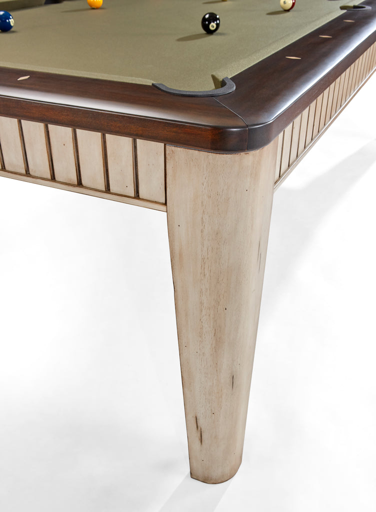 Henderson Brunswick Pool Table leg in white distressed aged linen finish and two toned rail in dark walnut