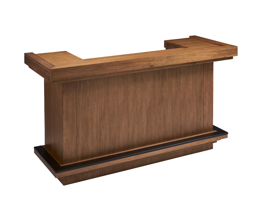 Alta home bar angled view in walnut finish with black footrail