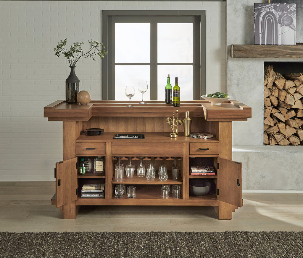 Alta home bar square on in room in walnut finish with black footrail