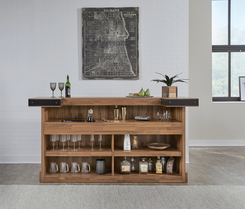 Acacia finish home bar in room with storage shelves filled straight on view white brick wall