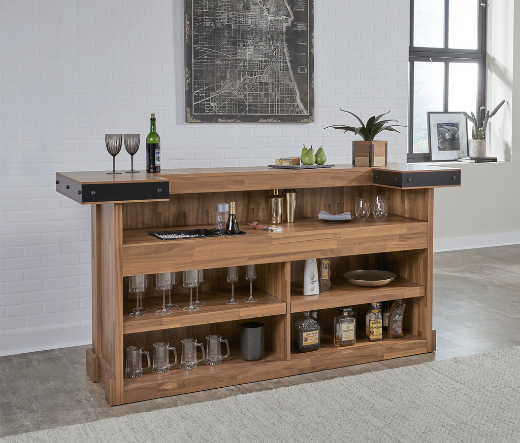 Acacia finish home bar in room with storage shelves filled
