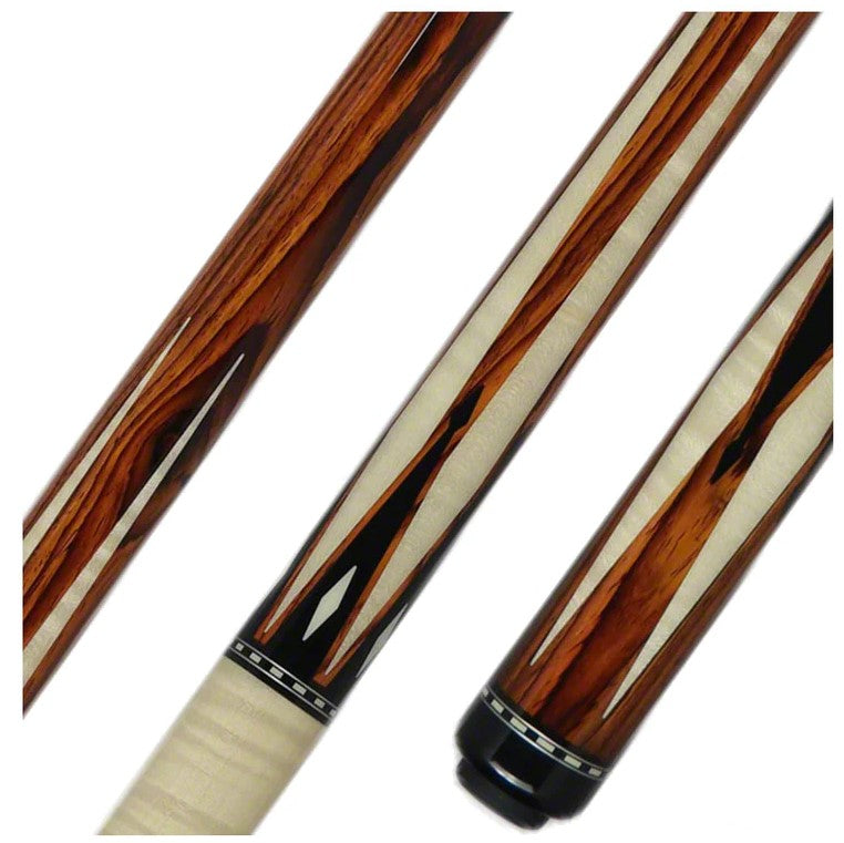 Cocobolo 2 Piece Cue with close up of maple points, and ebony framed pearl diamonds
