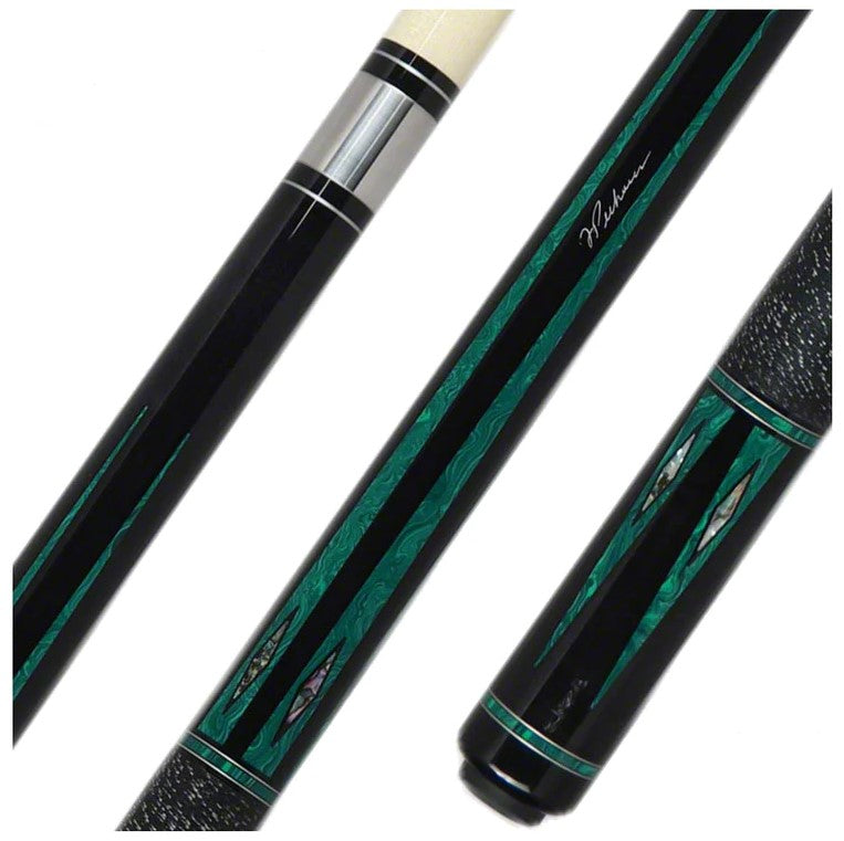 Pool cue with black stain and malachite green colored points, finished with Abalone diamonds