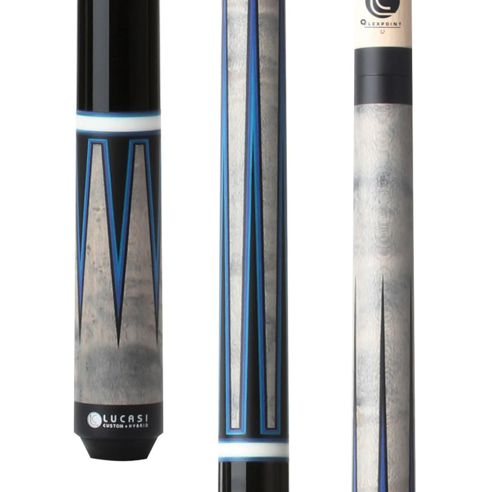 Close up of matte grey details on lucasi pool cue with blue framed black points