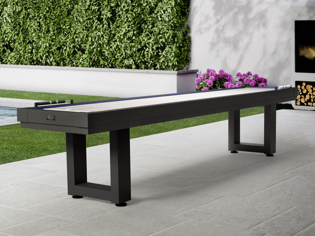 Black outdoor shuffleboard on angle in the garden