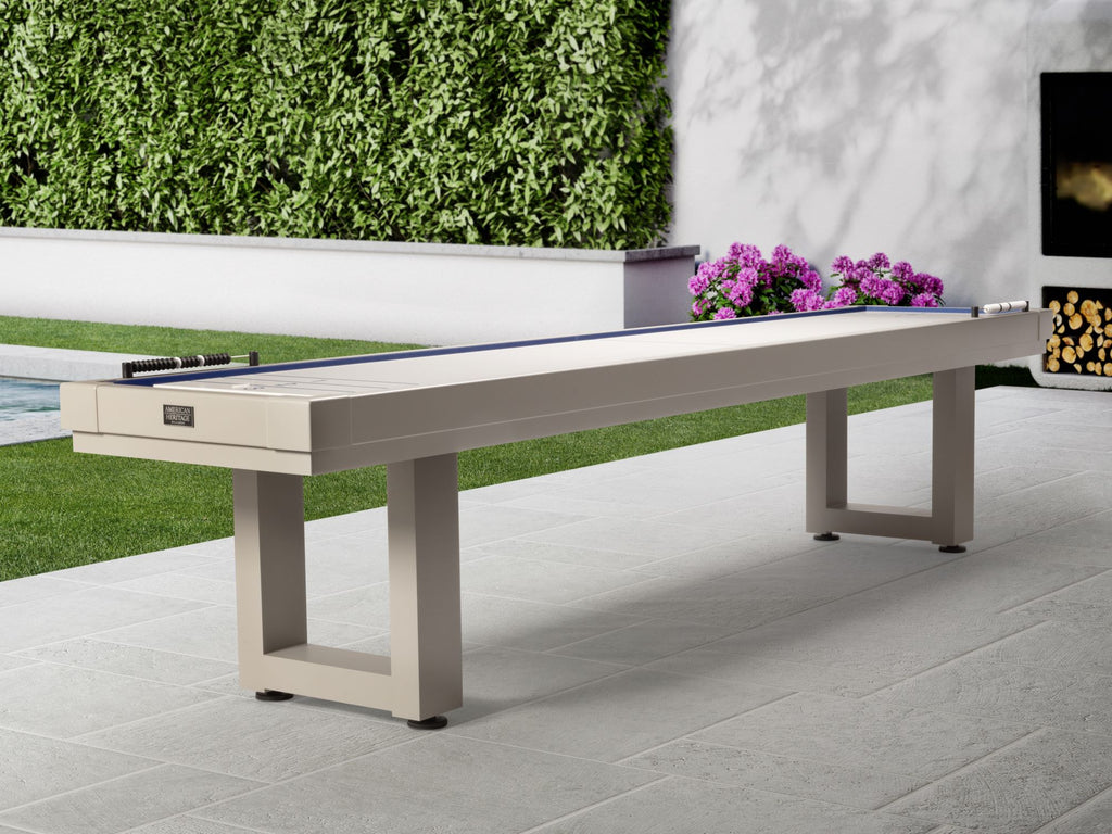 Pearl Grey outdoor shuffleboard on angle in the garden