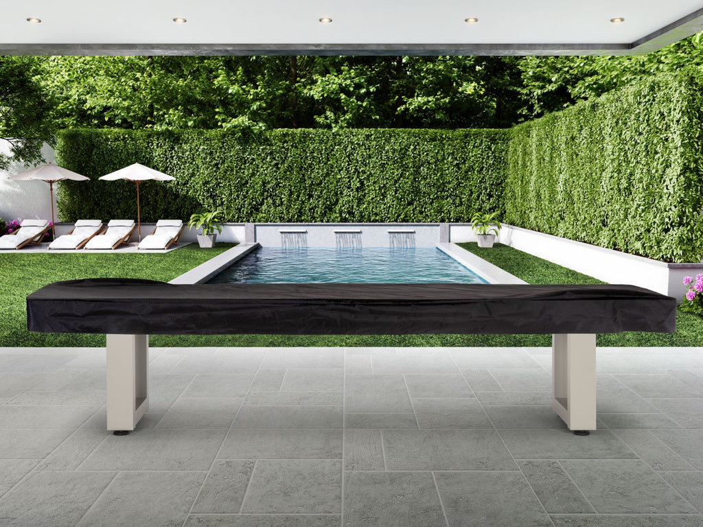 White outdoor shuffleboard on angle in the garden with cover on straight on view
