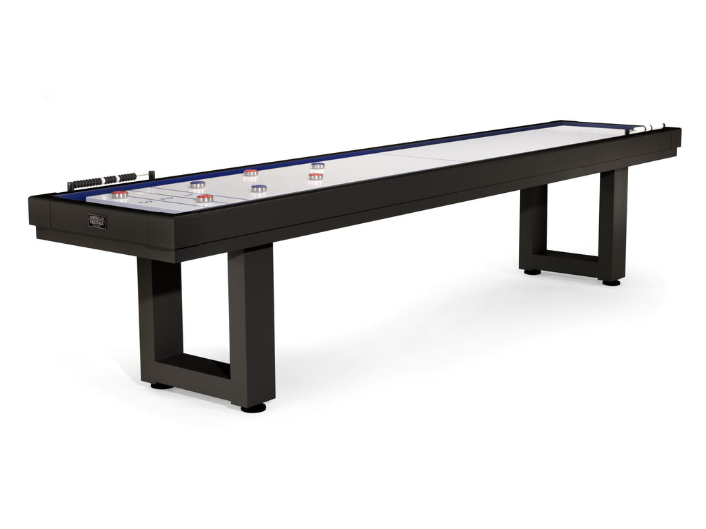 Black outdoor shuffleboard on angle with pucks on top