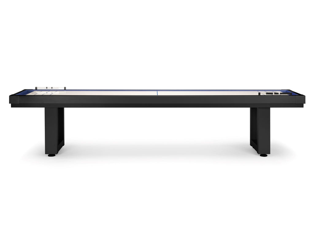 Black outdoor shuffleboard on white background from the side